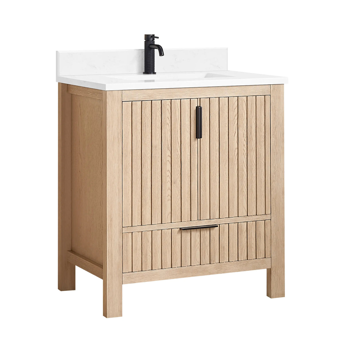 30-inch cabinet in Aged Natural Oak on white, paired doors above a single drawer (faucet not included)