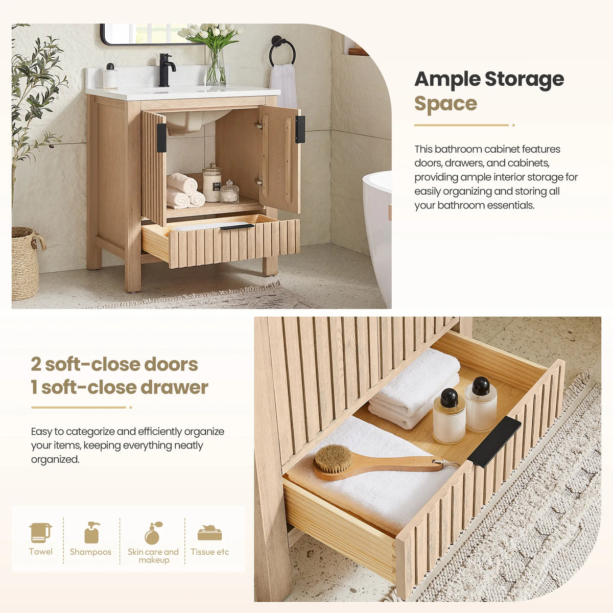 Doors and a drawer on the 30-inch Aged Natural Oak cabinet, with sample items stored inside