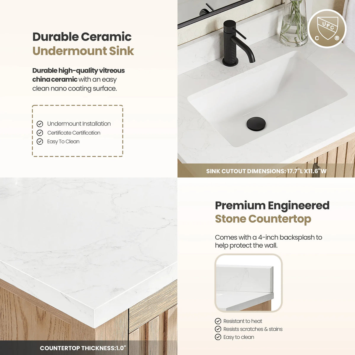 Countertop and basin info panels for the 30-inch Aged Natural Oak cabinet, backsplash included