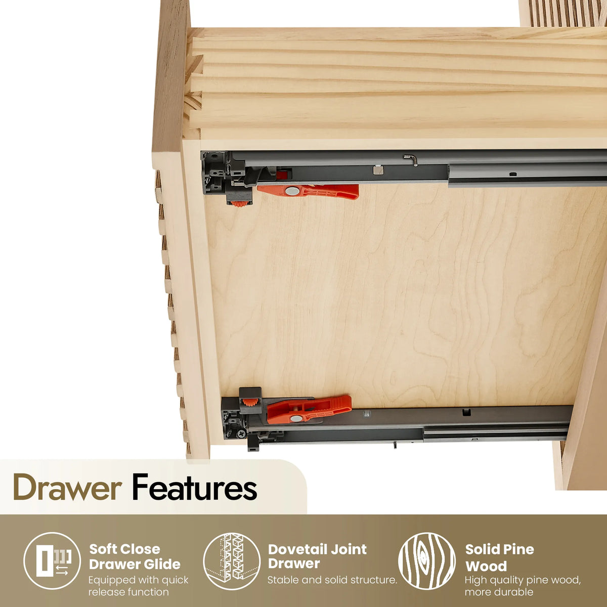Dovetail corner, glide hardware and pine sides inside a 30-inch Aged Natural Oak vanity drawer