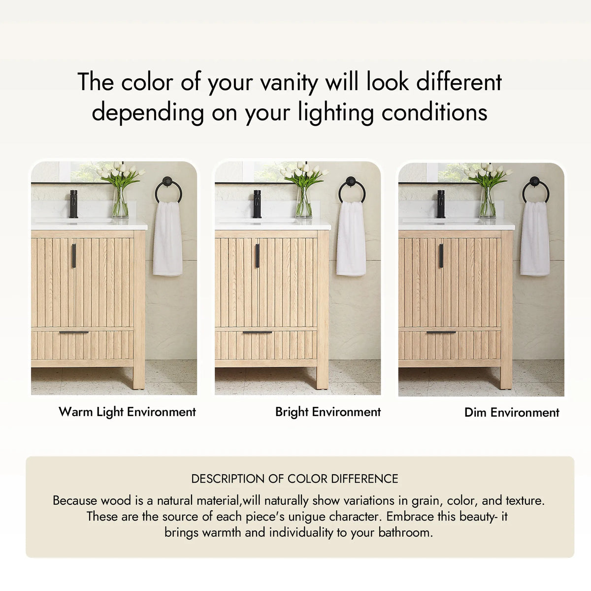 Lighting comparison: a sample Aged Natural Oak cabinet in three room settings, with a note on wood variation