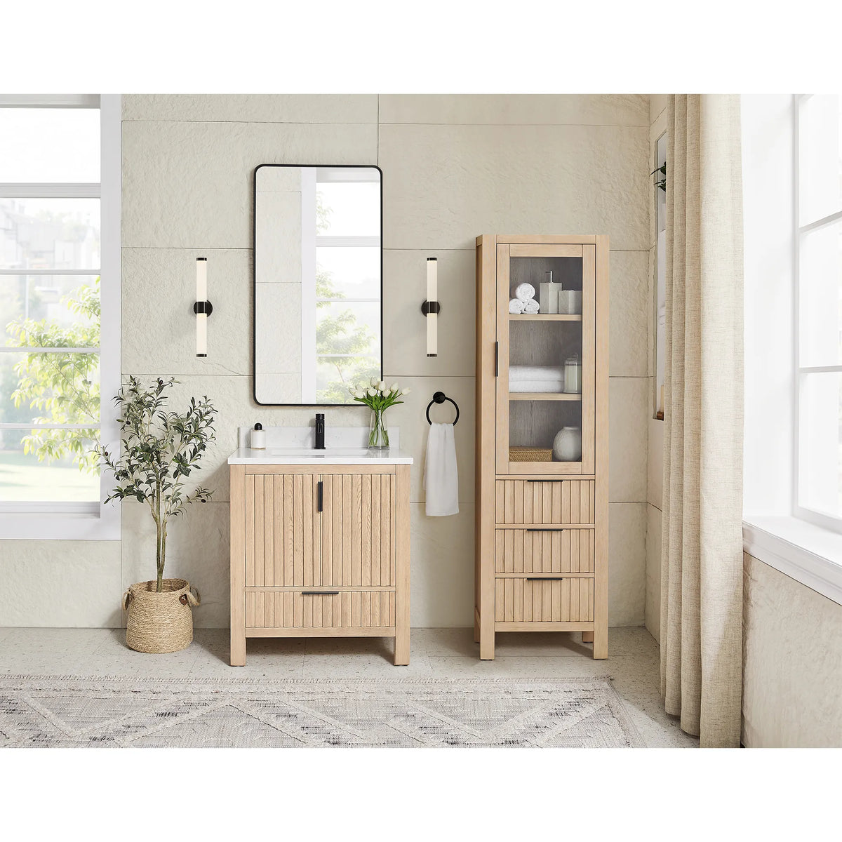 Room view: 30-inch vanity in Aged Natural Oak, with a separate tall cabinet beside it