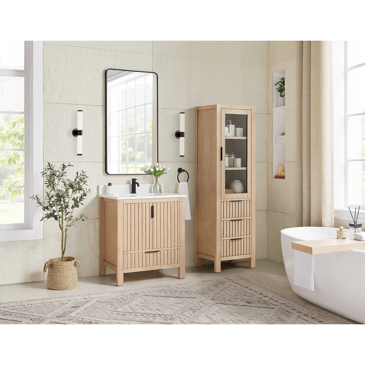 Sunlit bathroom, 30-inch vanity in Aged Natural Oak, the extra tall cabinet shown is not part of the product