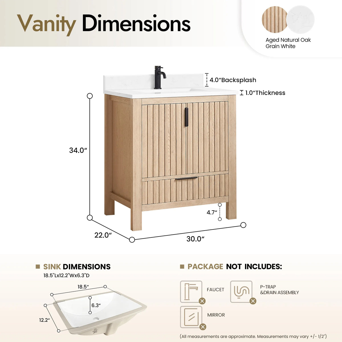 Spec drawing for the 30-inch Aged Natural Oak vanity: 30 W x 22 D x 34 H inches, 4 inch backsplash
