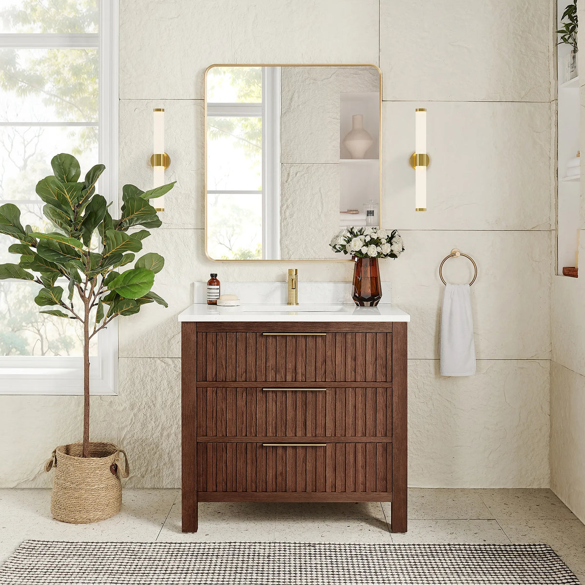 Staged room pairing a matching rectangular mirror in a gold frame with the 36-inch vanity in Aged Dark Brown Oak
