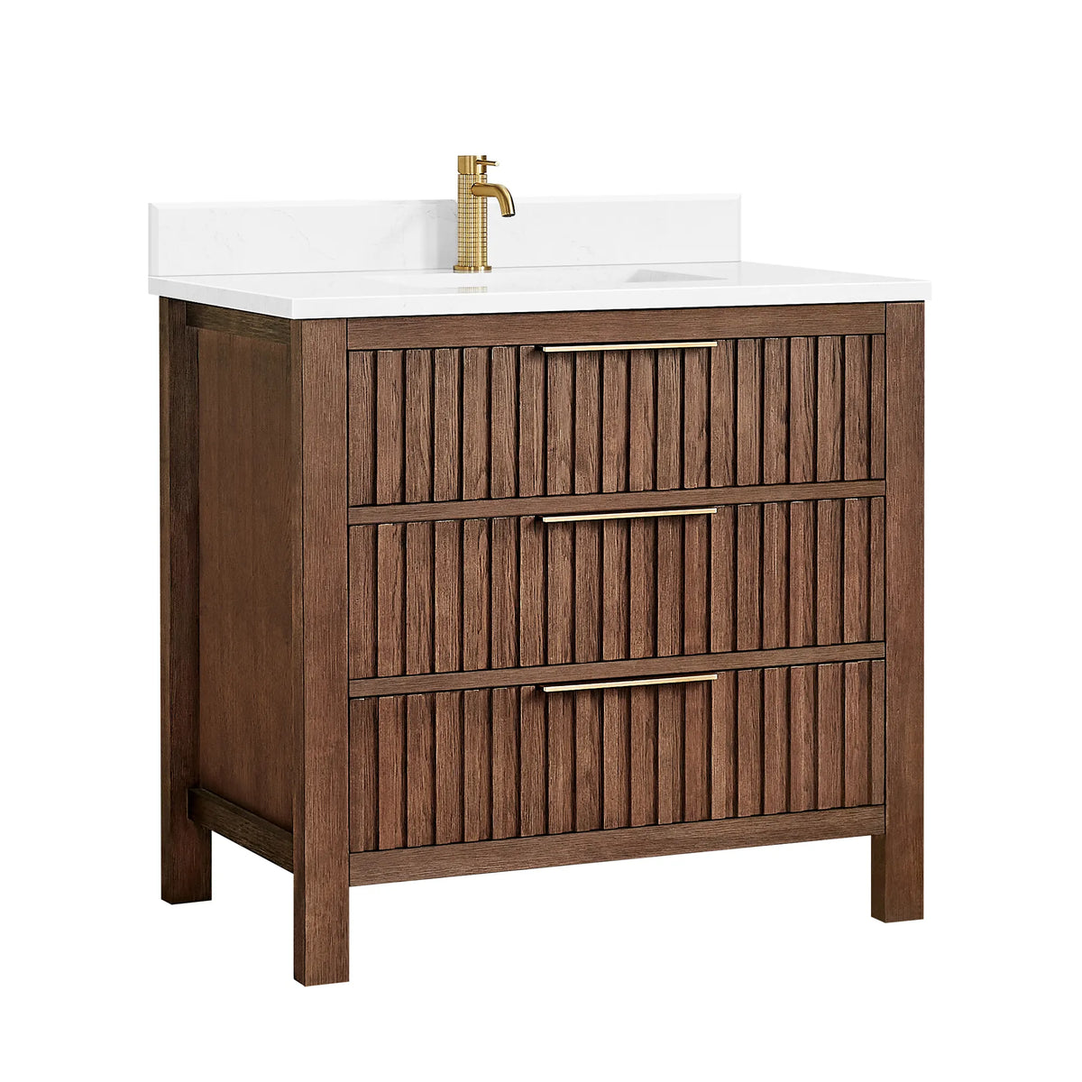Faucet pictured is not included: 36-inch Aged Dark Brown Oak vanity, a front made of three drawers