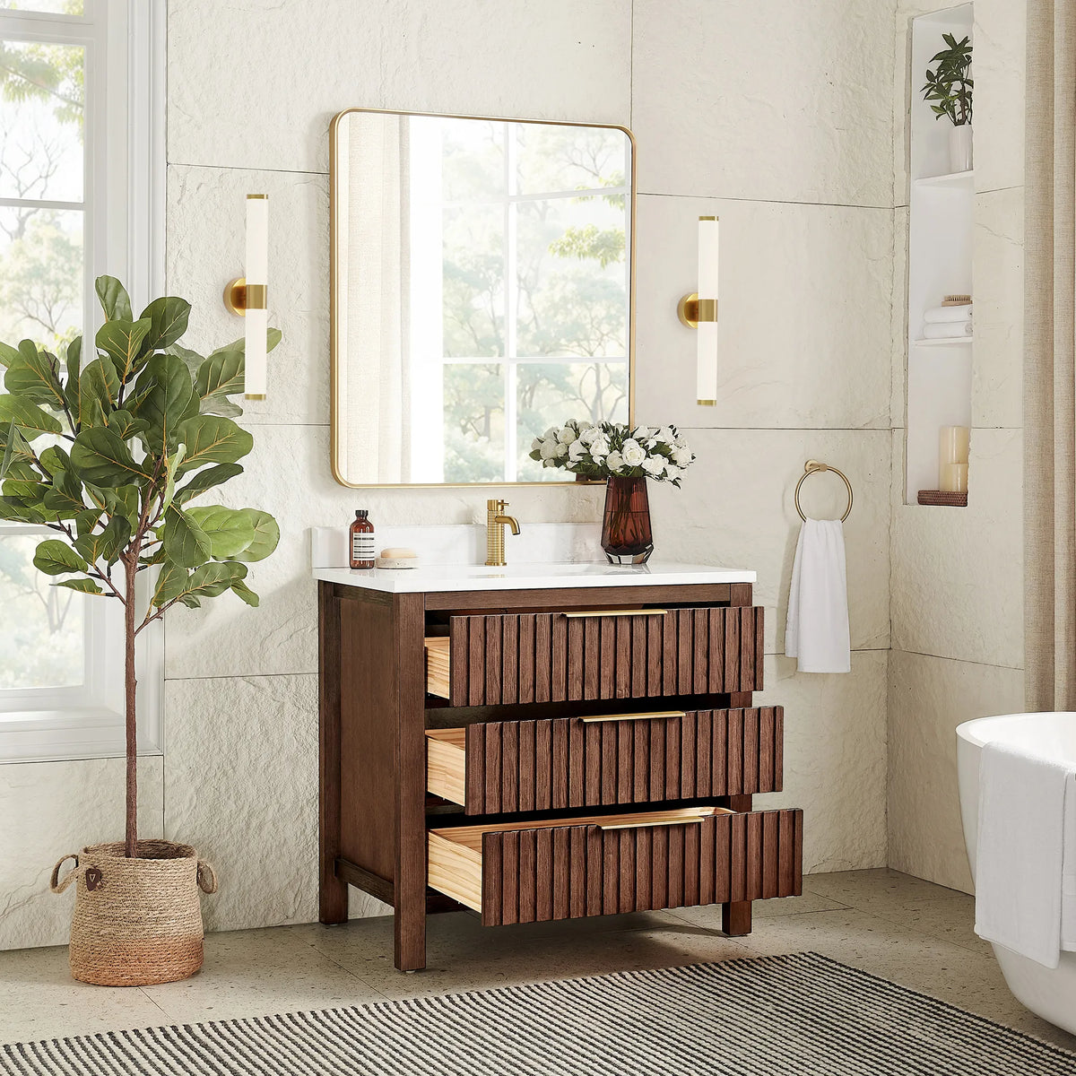 Inside storage in a staged room: drawers pulled open on the 36-inch Aged Dark Brown Oak cabinet