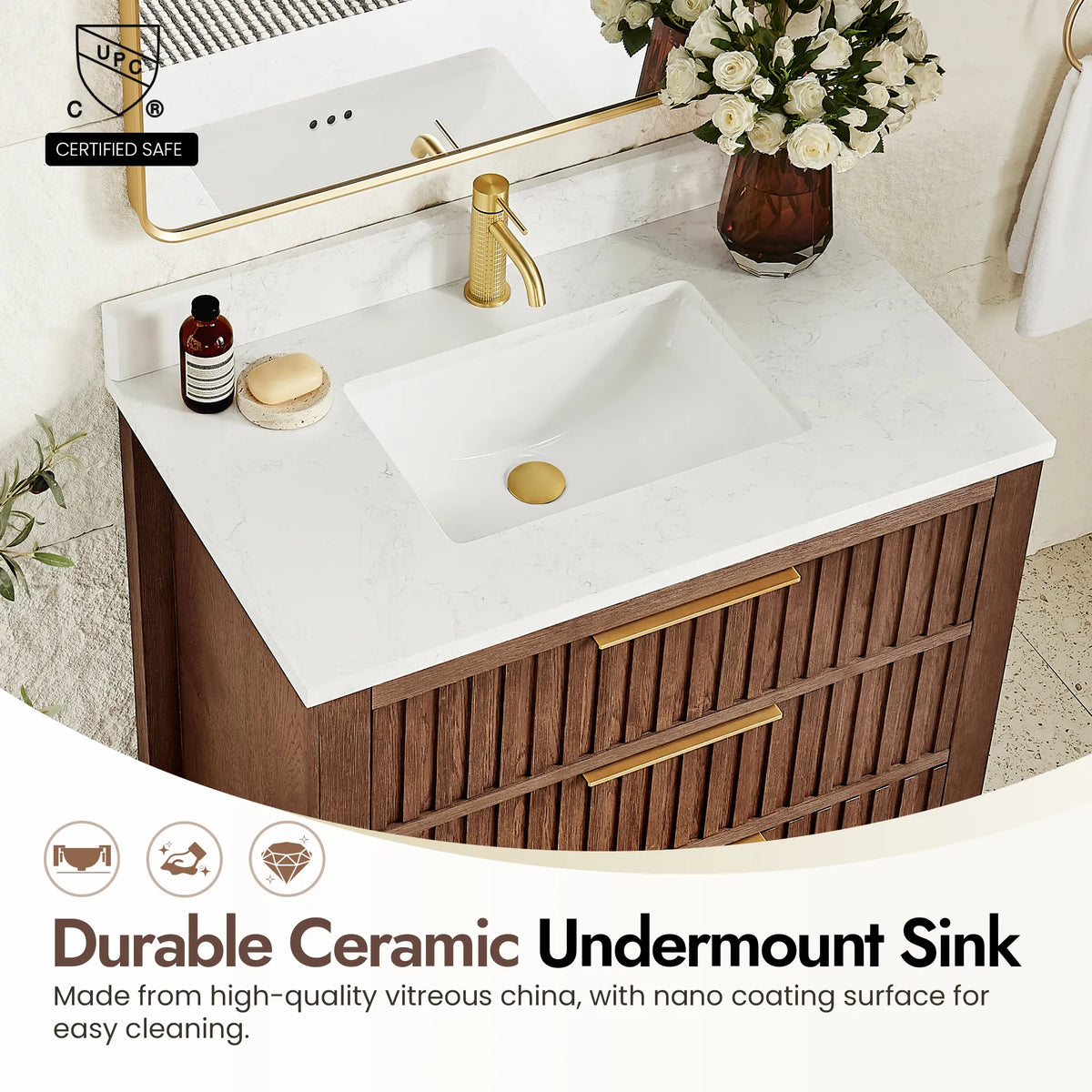 Ceramic basin with an easy-clean nano coating on the 36-inch Aged Dark Brown Oak cabinet
