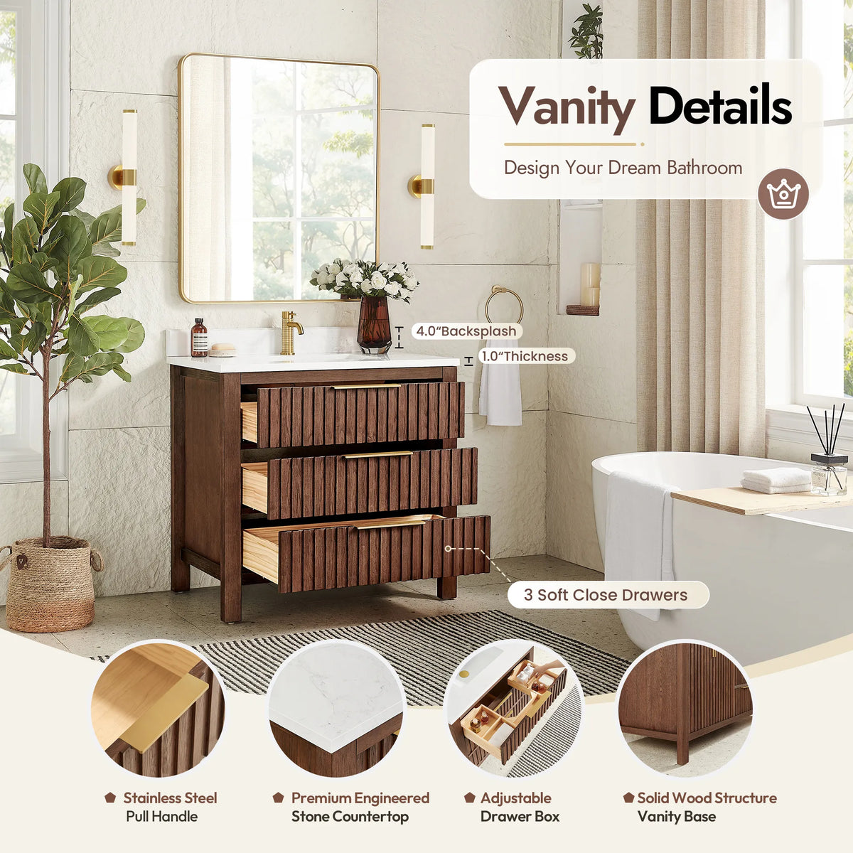 Parts diagram for the 36-inch Aged Dark Brown Oak cabinet covering the adjustable drawer box and soft-close drawers
