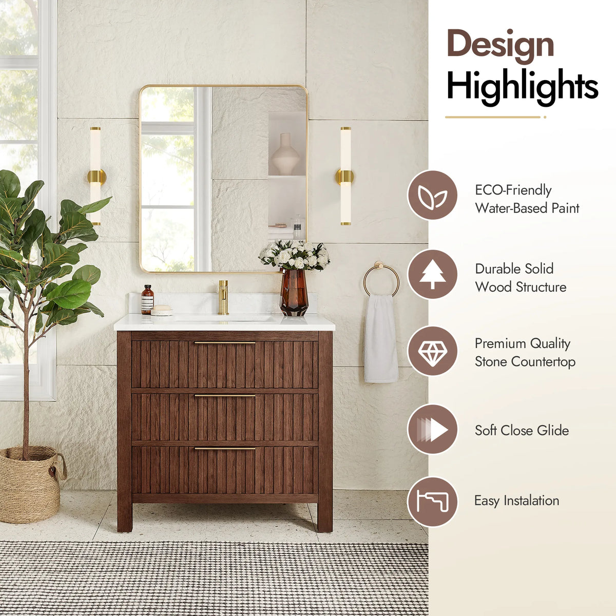 Highlights panel for the 36-inch Aged Dark Brown Oak vanity: eco-friendly paint and a solid wood build