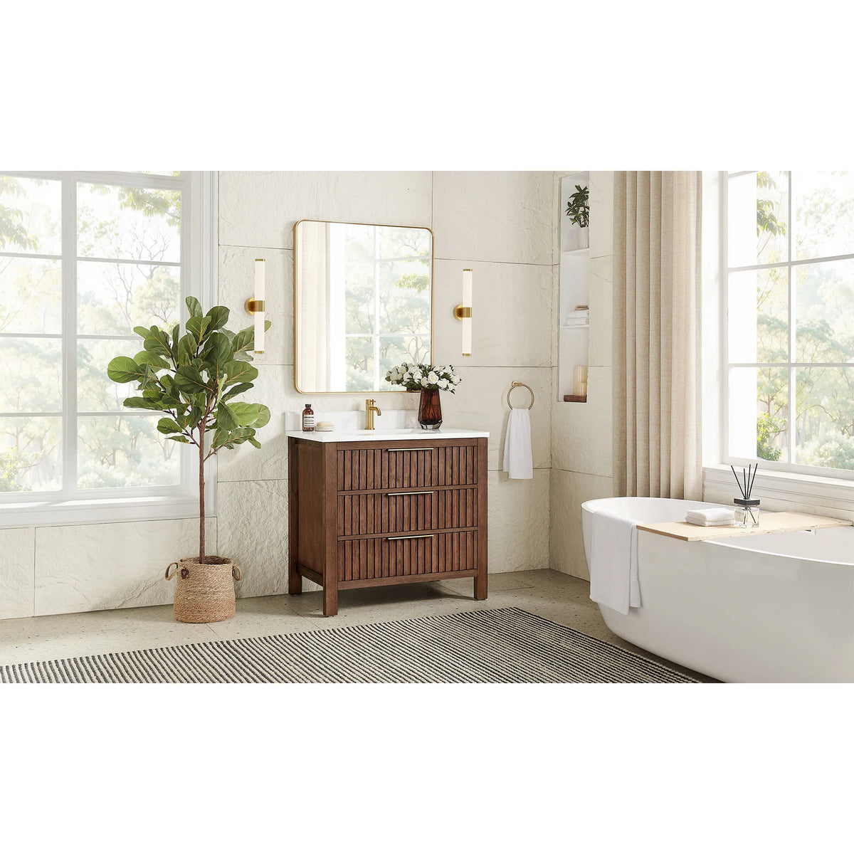 Wide room shot with a tub and window light behind the 36-inch Aged Dark Brown Oak vanity
