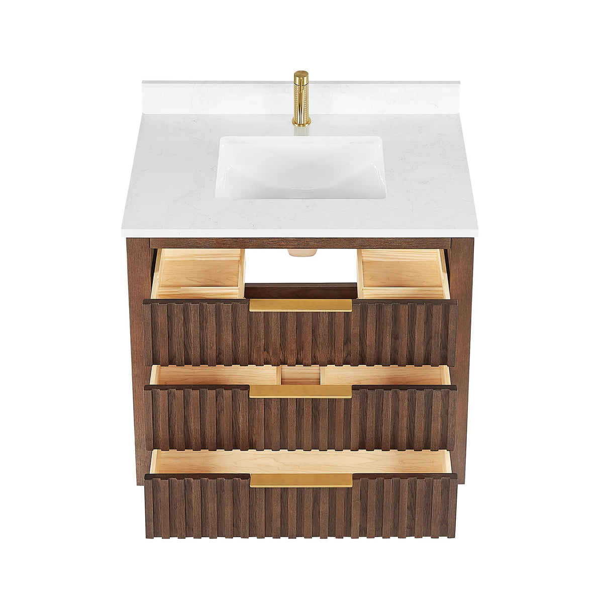 36-inch Aged Dark Brown Oak cabinet seen from above on white with its drawers pulled open