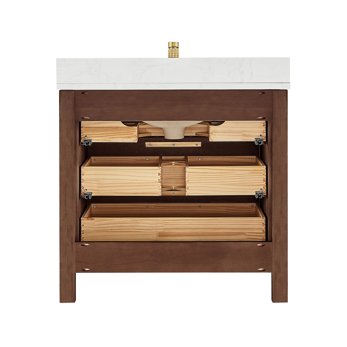 Interior of a 36-inch cabinet in Aged Dark Brown Oak against white, drawer boxes and open compartments
