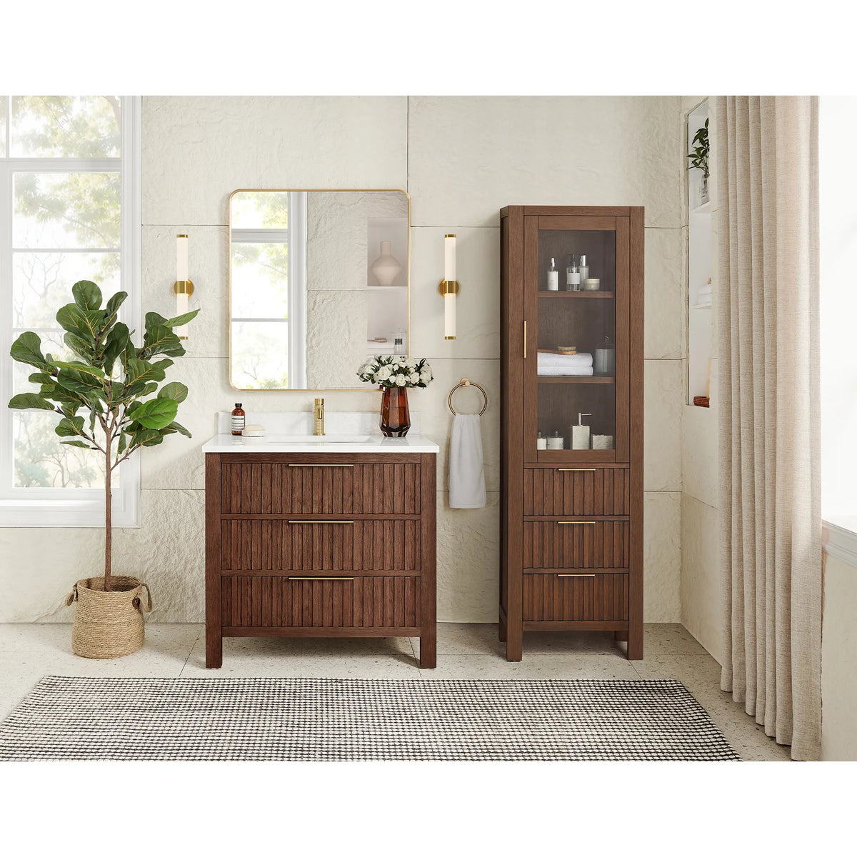 Tall cabinet with a see-through door beside the 36-inch Aged Dark Brown Oak vanity; the cabinet is not included