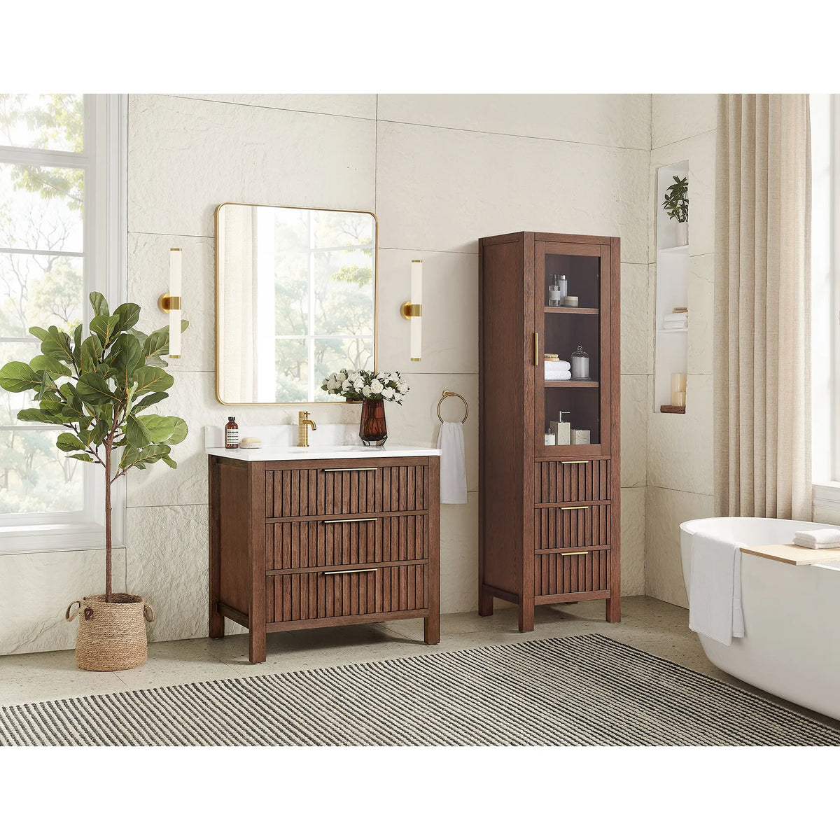 Sunlit bathroom, 36-inch vanity in Aged Dark Brown Oak, the extra tall cabinet shown is not part of the product