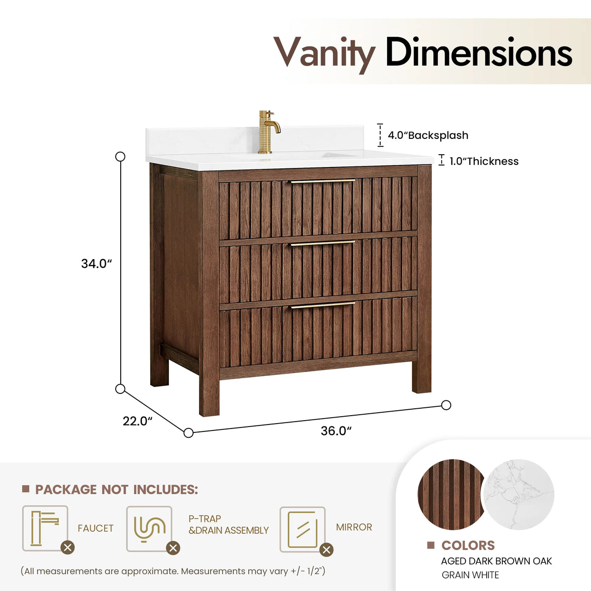 Size diagram for the 36-inch Aged Dark Brown Oak cabinet: 36 by 22 by 34 inches (plumbing parts and mirror not included)
