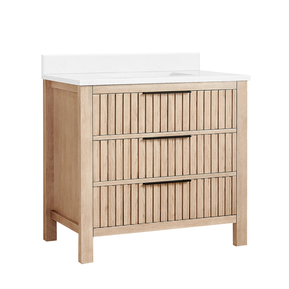 Studio view of an Aged Natural Oak single bathroom vanity, 36-inch wide, with a white composite stone countertop