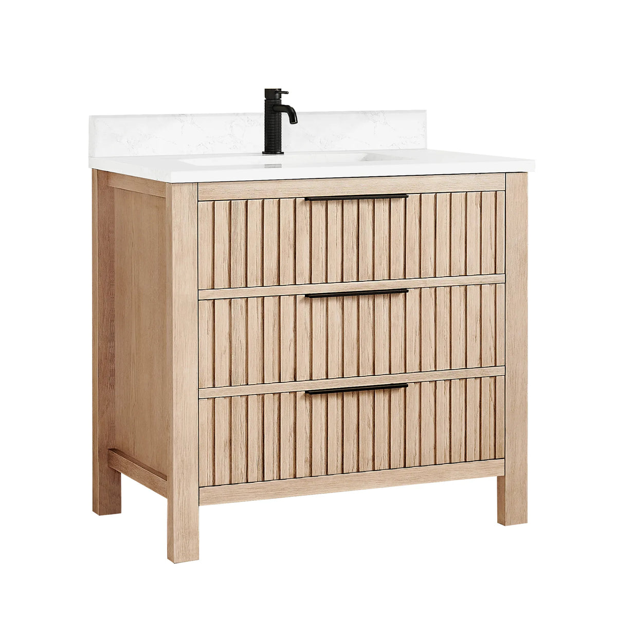 36-inch cabinet in Aged Natural Oak on white, a front made of three drawers (faucet not included)