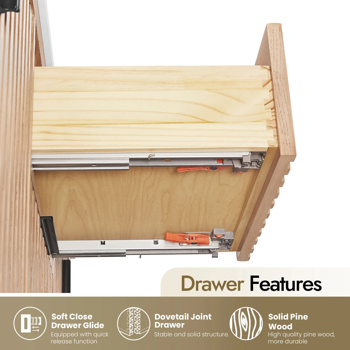 Dovetail corner, glide hardware and pine sides inside a 36-inch Aged Natural Oak vanity drawer