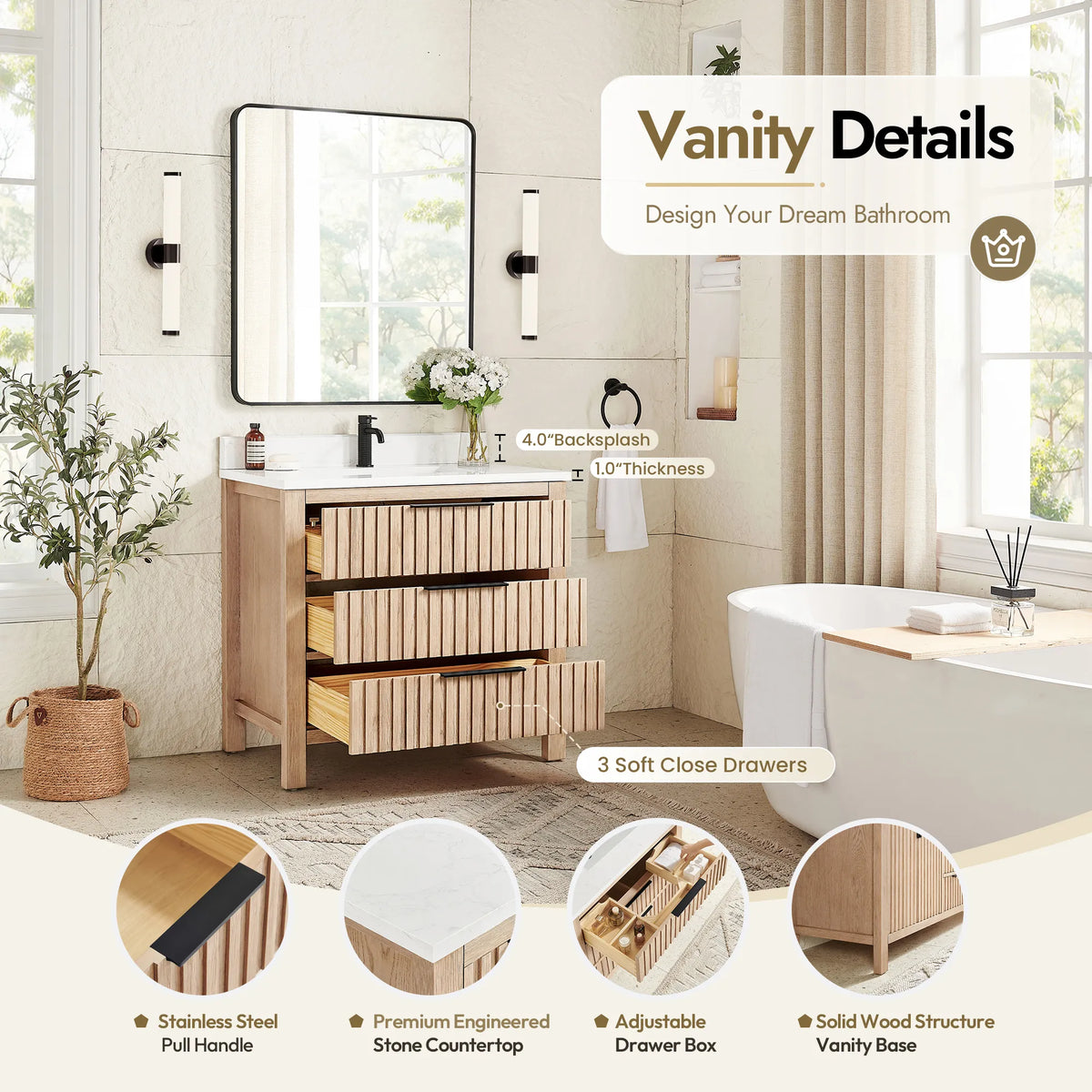 Parts diagram for the 36-inch Aged Natural Oak cabinet covering the adjustable drawer box and soft-close drawers