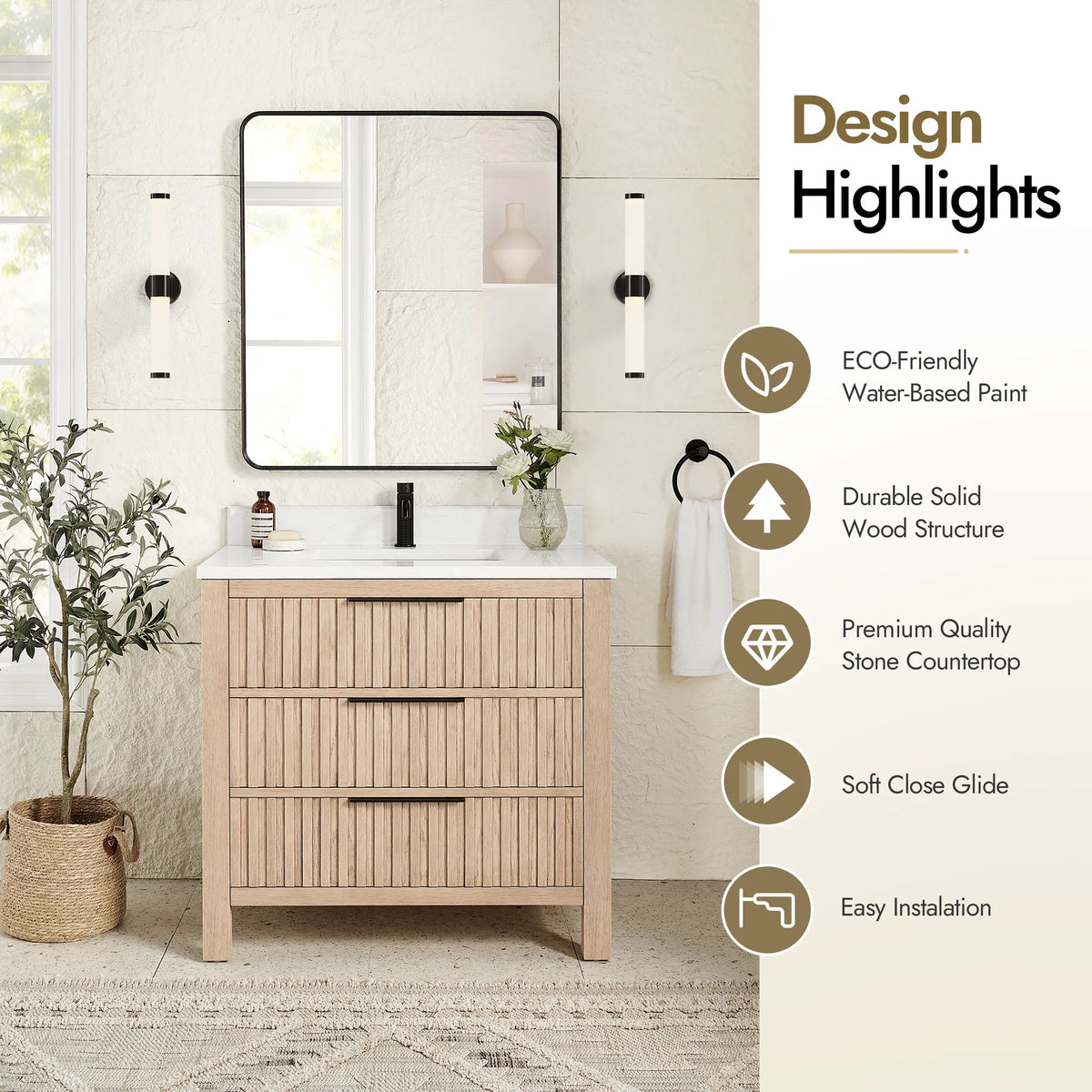Styled bathroom with a list of design highlights next to the 36-inch Aged Natural Oak cabinet
