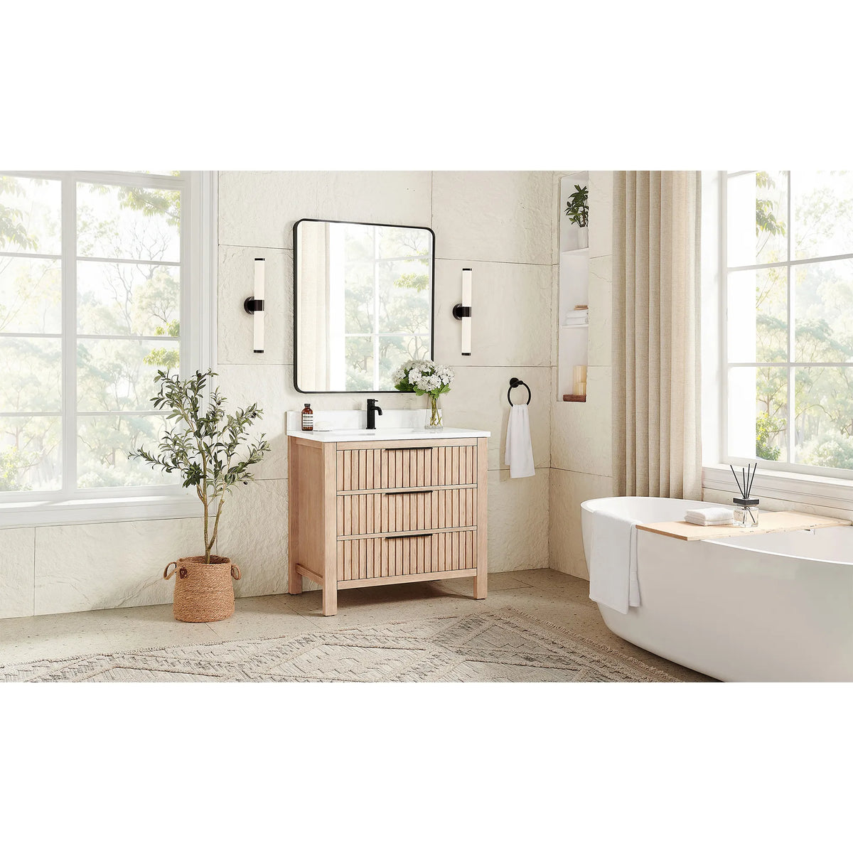 Bathroom with a soaking tub and large windows around the 36-inch Aged Natural Oak vanity with a legged base