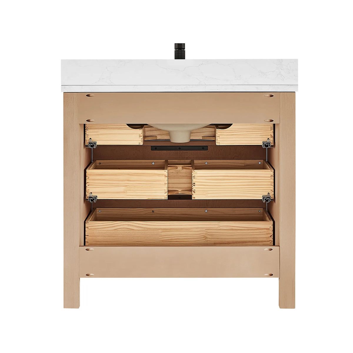 Open-front studio shot: drawer boxes and cabinet space of the 36-inch Aged Natural Oak vanity