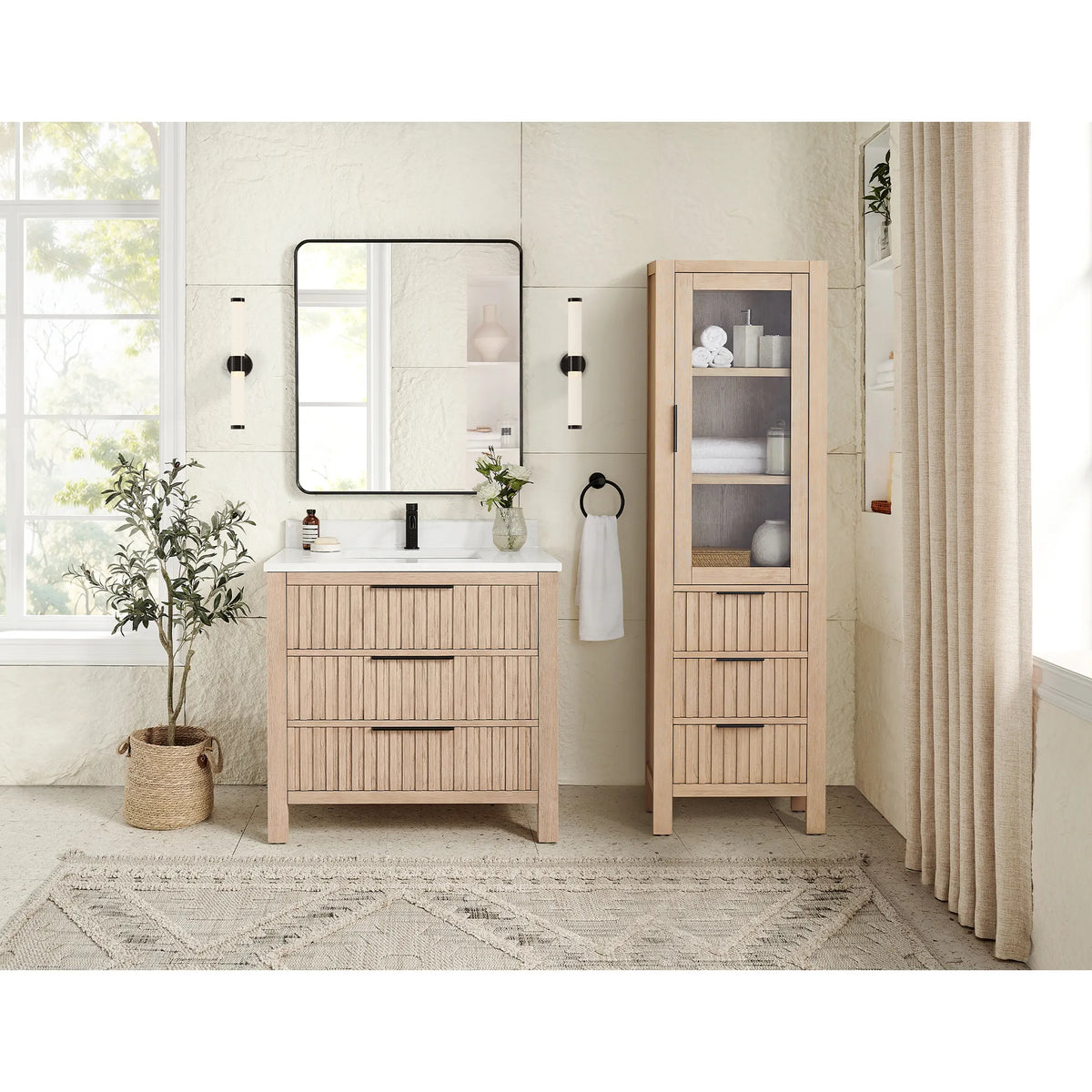 Room view: 36-inch vanity in Aged Natural Oak, with a separate tall cabinet beside it