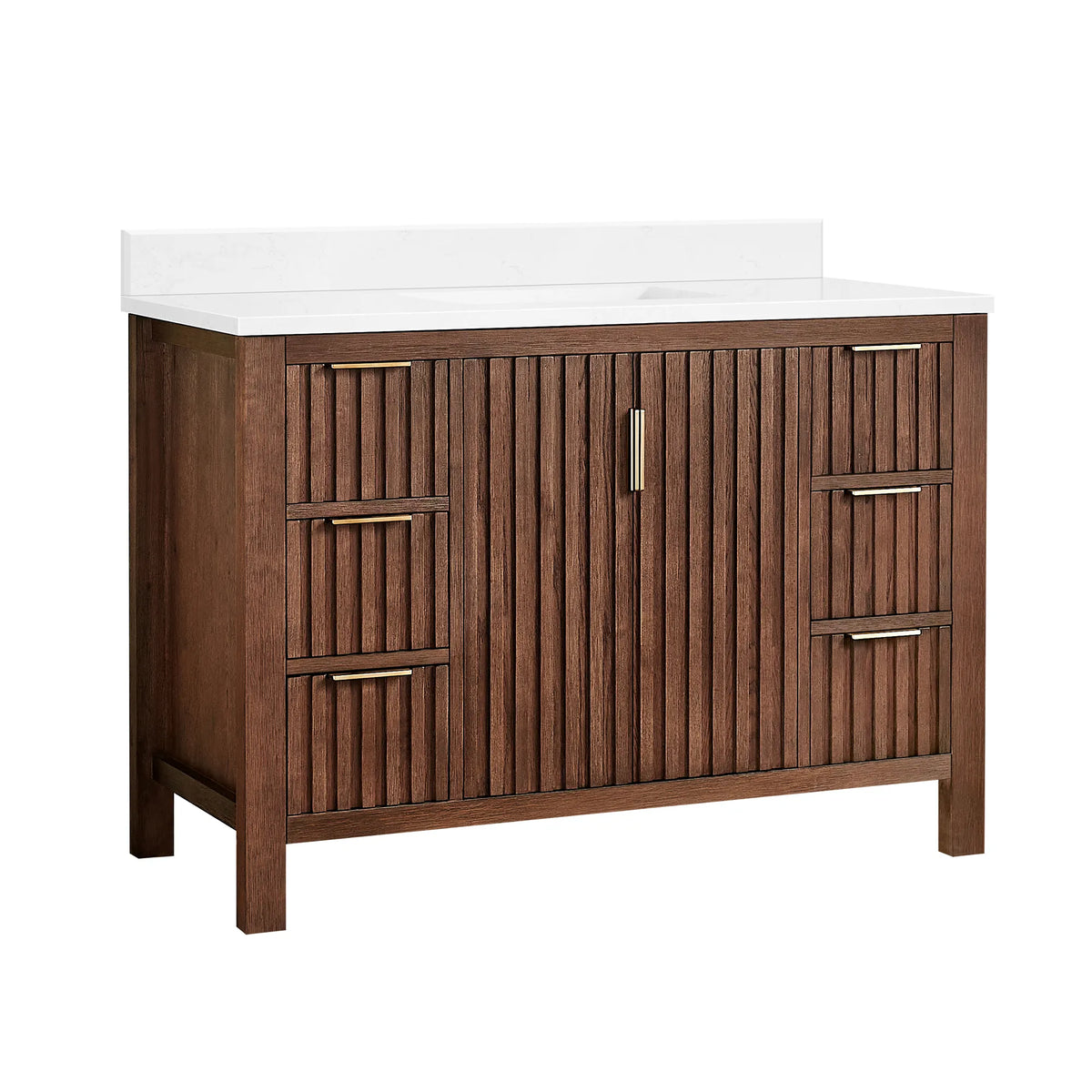 Plain white backdrop behind a 48-inch single bathroom vanity: Aged Dark Brown Oak cabinet, white composite stone countertop
