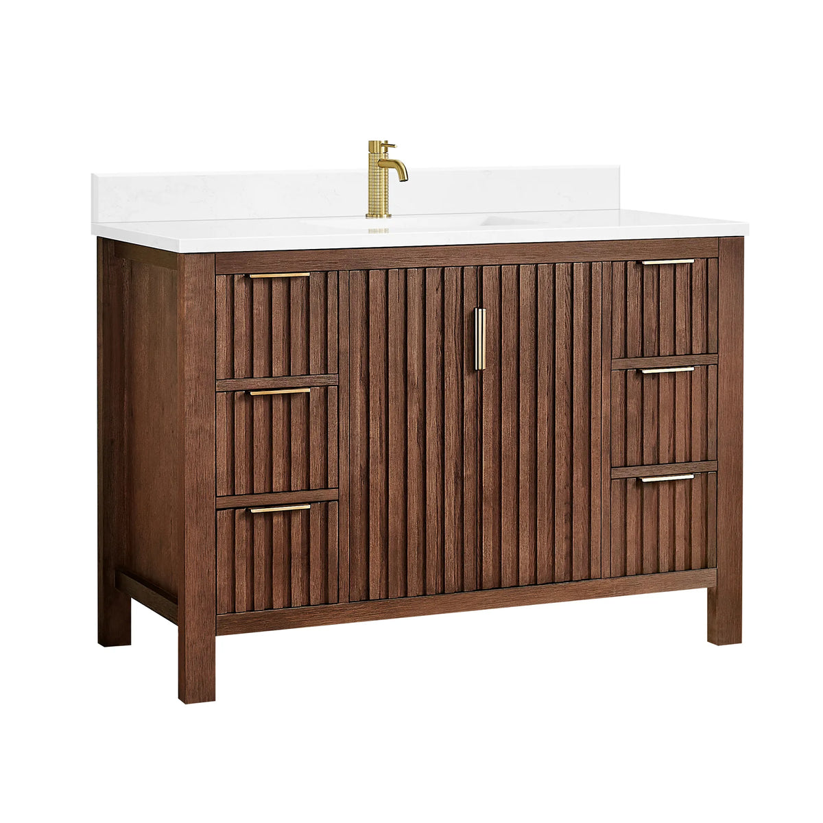 48-inch cabinet in Aged Dark Brown Oak on white, central doors and drawers on each side (faucet not included)
