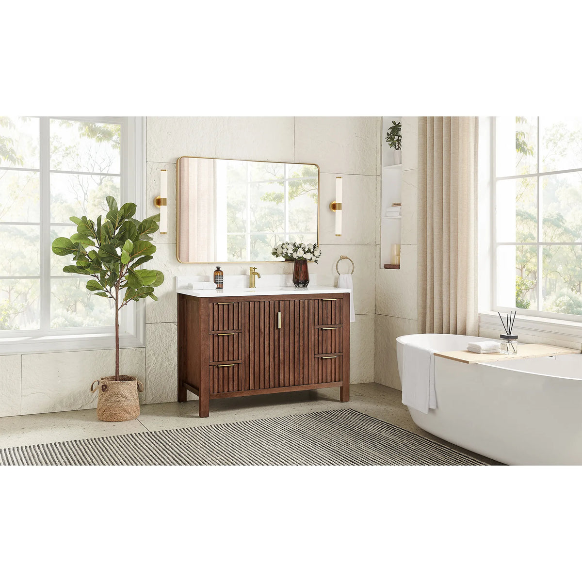 Wide room shot with a tub and window light behind the 48-inch Aged Dark Brown Oak vanity
