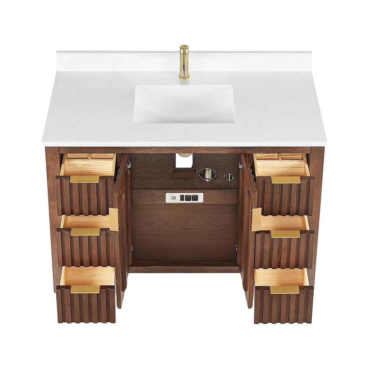 Doors and drawers open, 48-inch Aged Dark Brown Oak cabinet, high-angle product shot on white