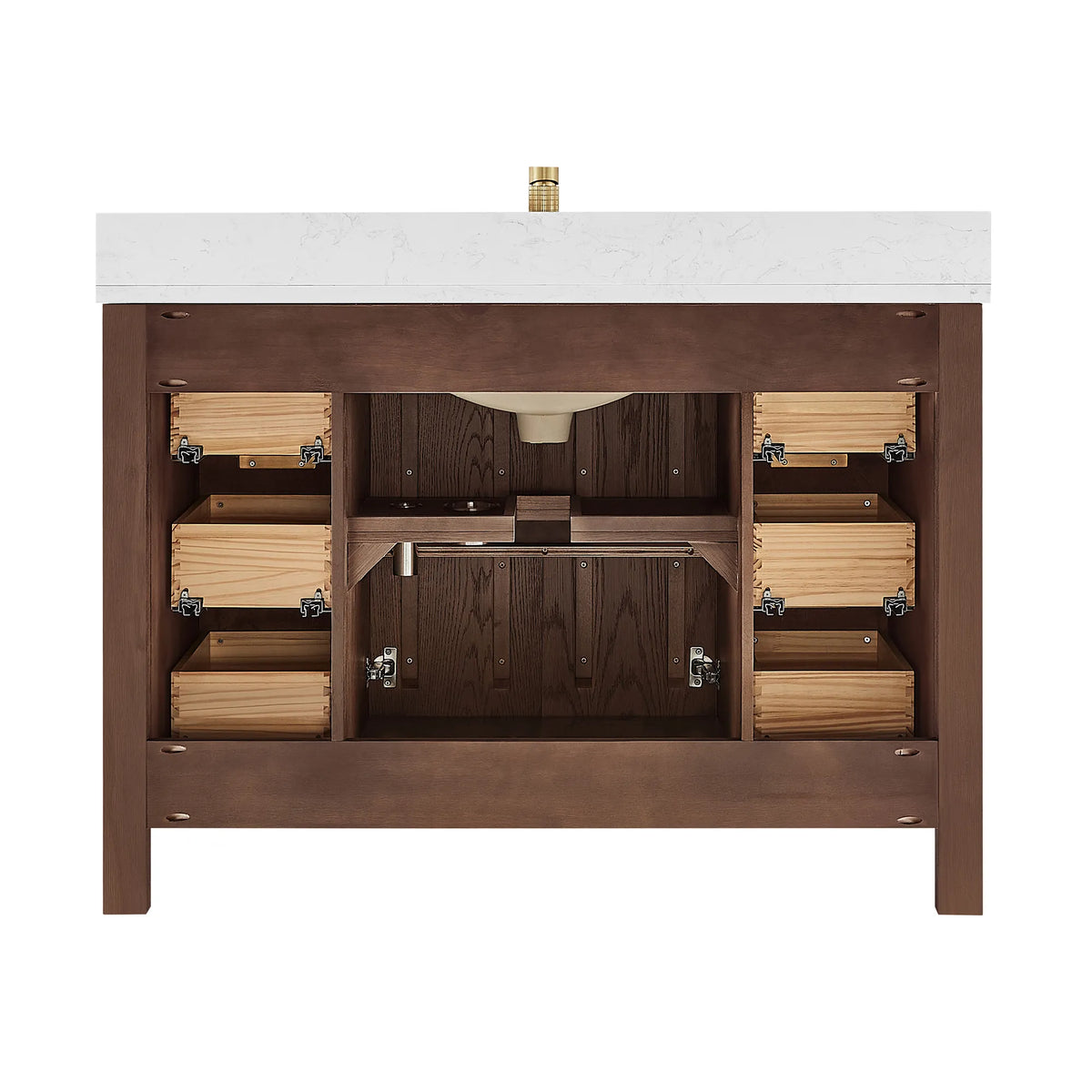 Interior of a 48-inch cabinet in Aged Dark Brown Oak against white, drawer boxes and open compartments