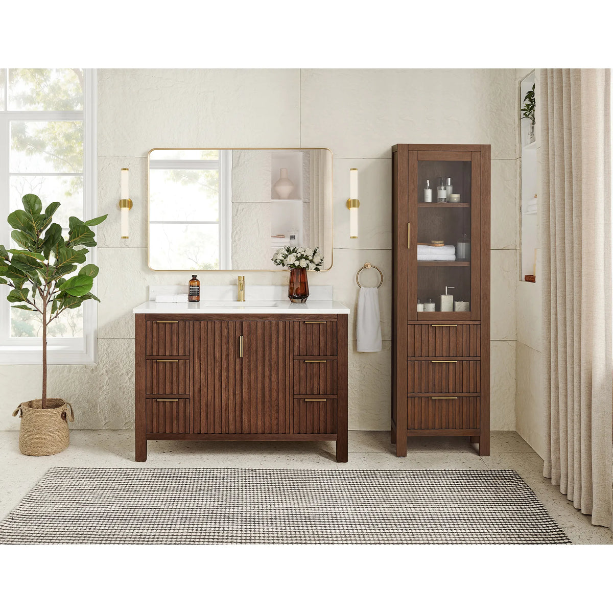 Room view: 48-inch vanity in Aged Dark Brown Oak, with a separate tall cabinet beside it