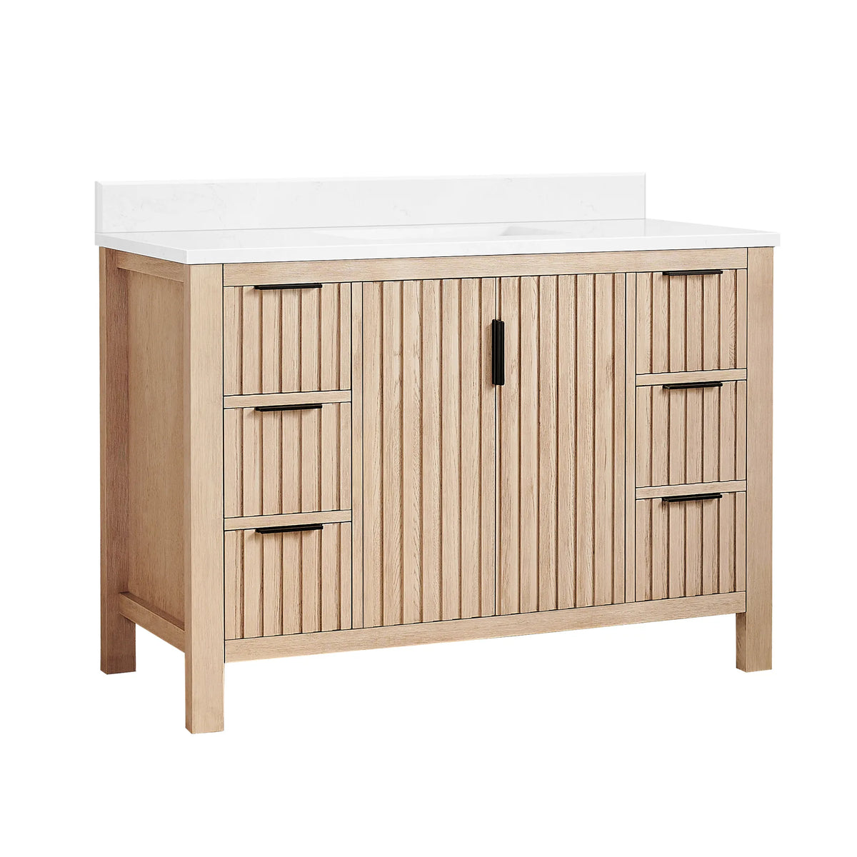 Studio view of an Aged Natural Oak single bathroom vanity, 48-inch wide, with a white composite stone countertop