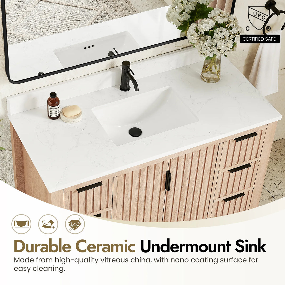 Feature panel on the undermount basin of the 48-inch Aged Natural Oak vanity and how its surface wipes clean