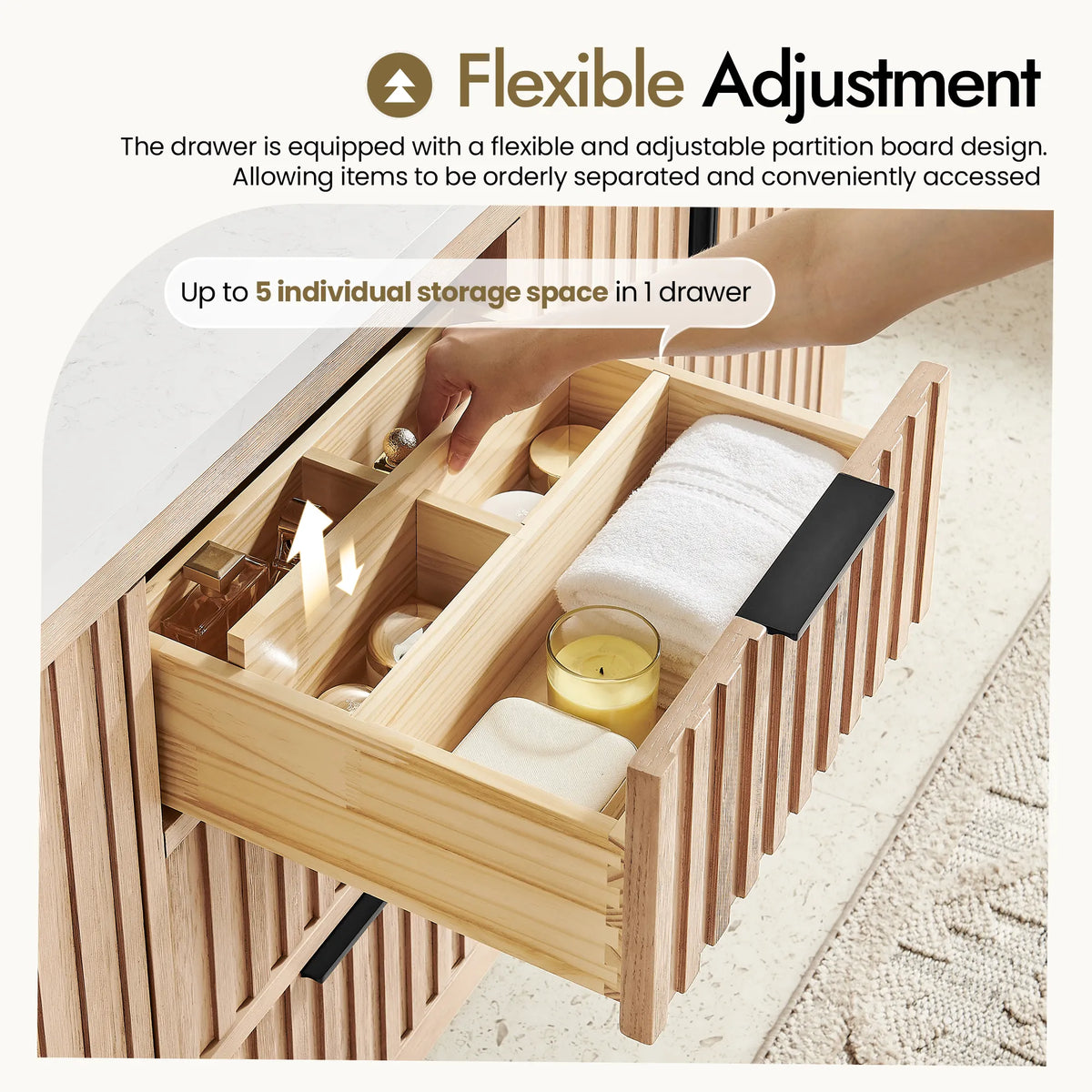Movable partition inside a 48-inch Aged Natural Oak vanity drawer, sorting items into as many as 5 compartments