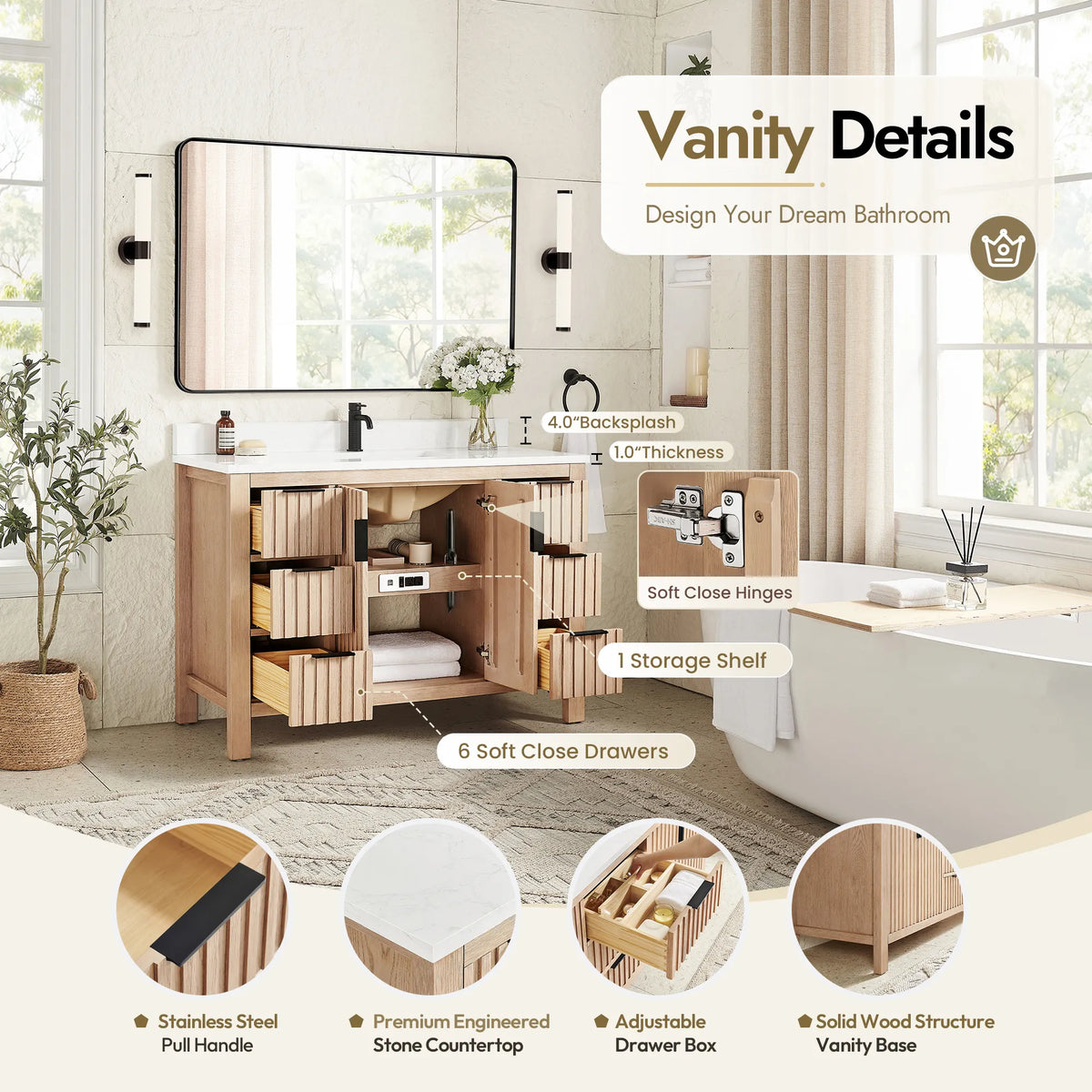 Parts diagram for the 48-inch Aged Natural Oak cabinet covering the adjustable drawer box and soft-close drawers