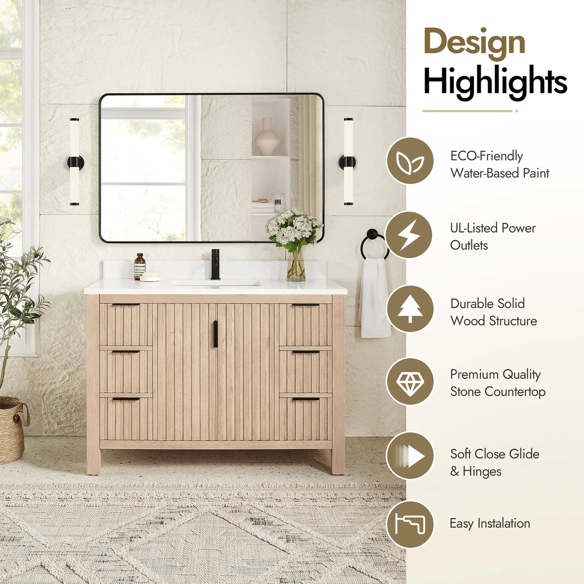 Highlights panel for the 48-inch Aged Natural Oak vanity: eco-friendly paint and a solid wood build