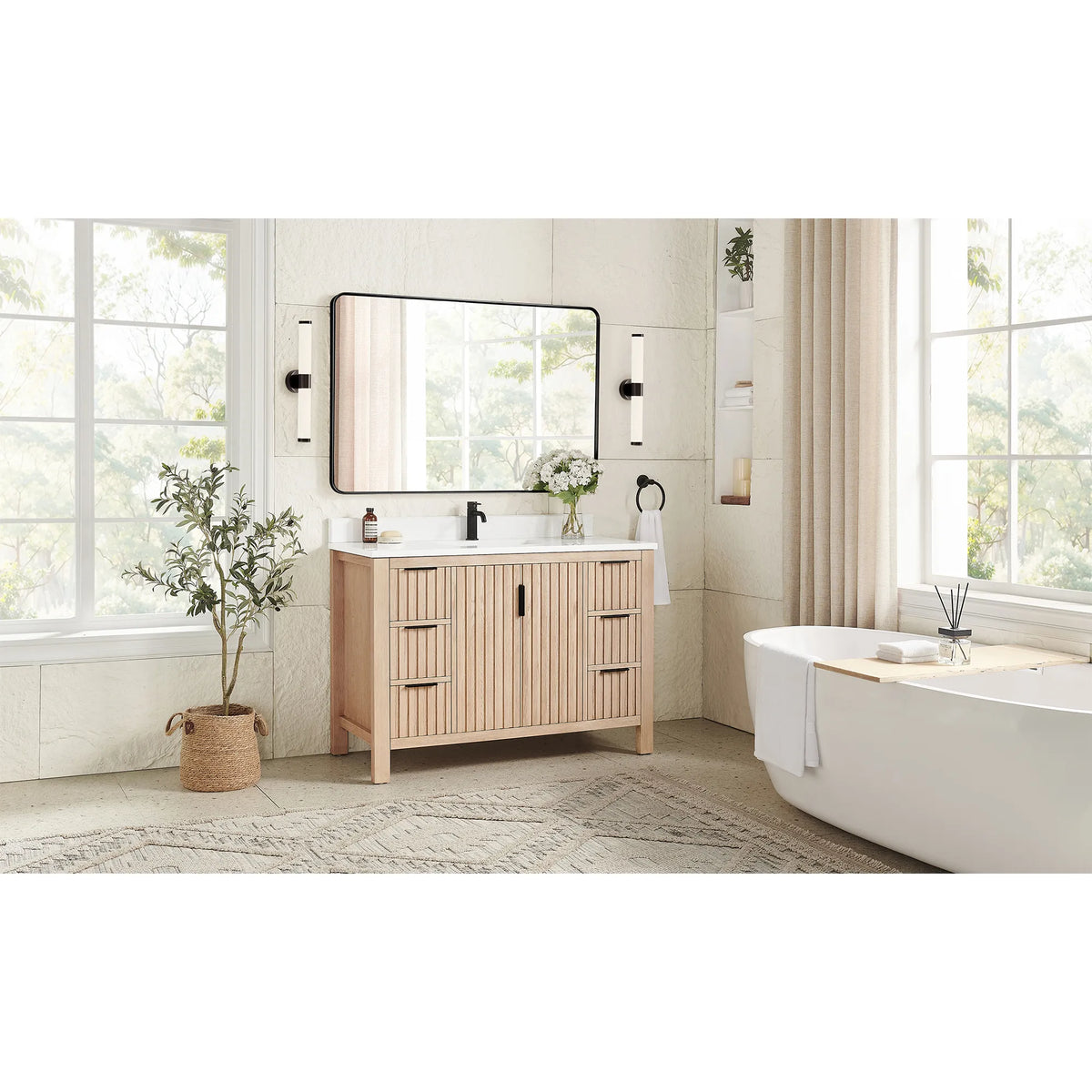 Bathroom with a soaking tub and large windows around the 48-inch Aged Natural Oak vanity with a legged base