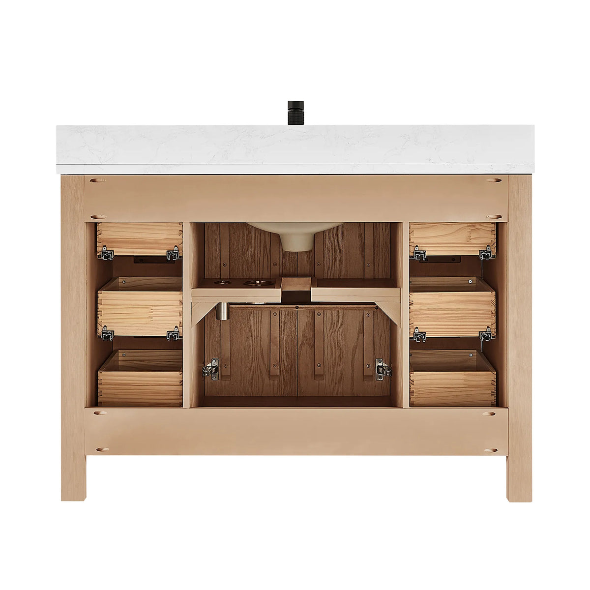 Open-front studio shot: drawer boxes and cabinet space of the 48-inch Aged Natural Oak vanity