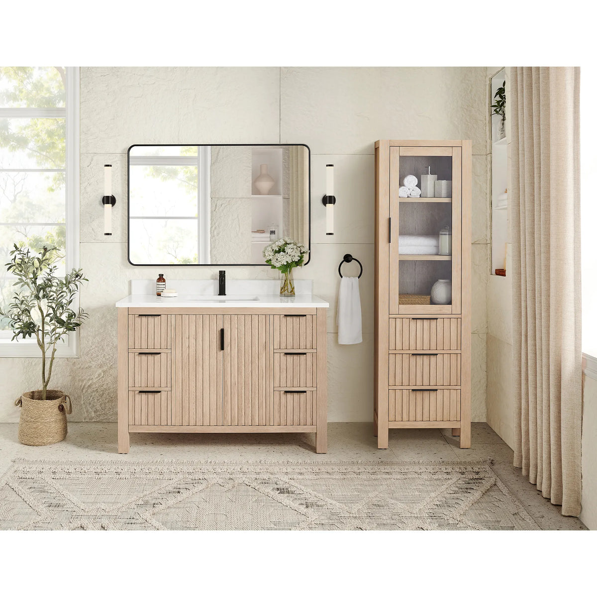 Room view: 48-inch vanity in Aged Natural Oak, with a separate tall cabinet beside it