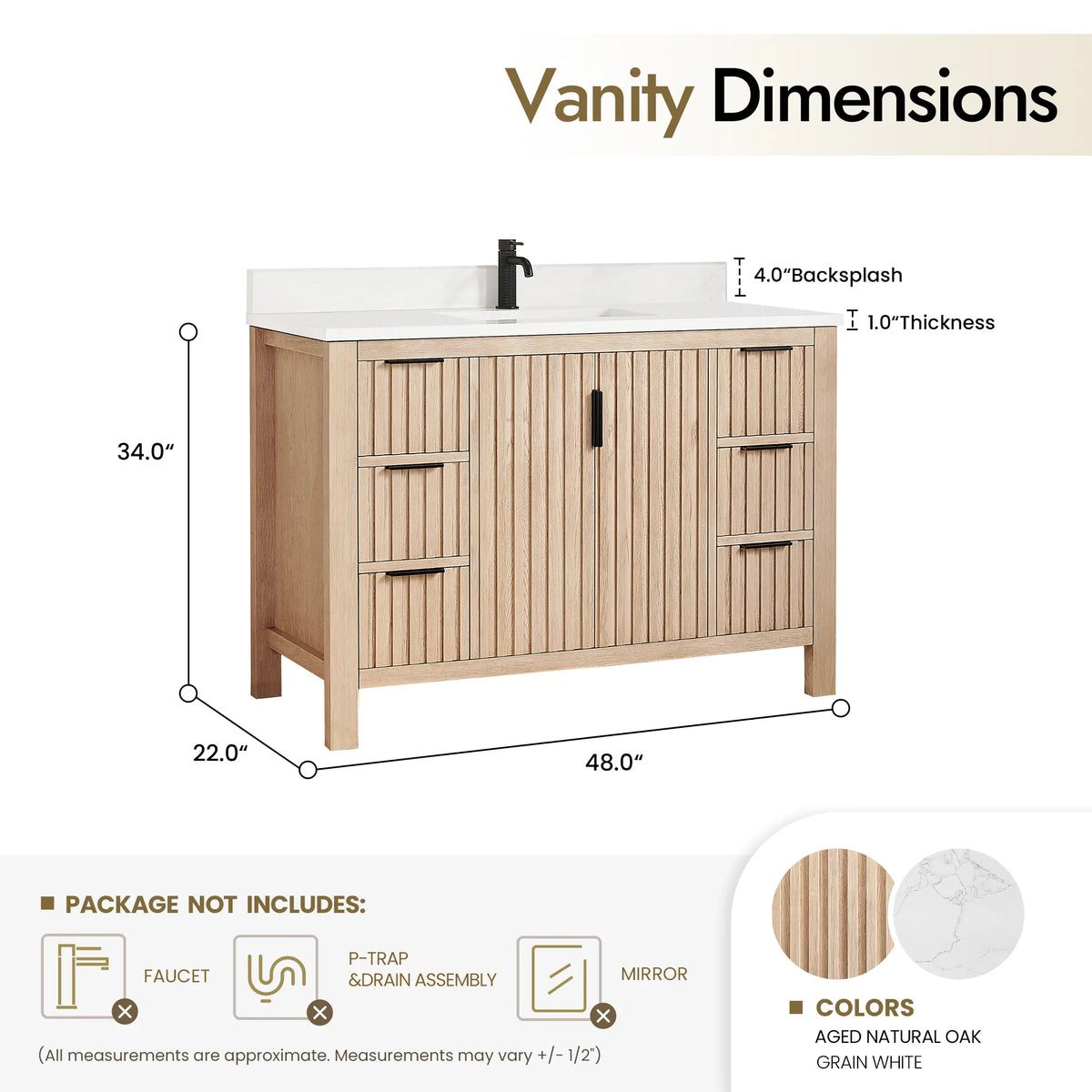 Spec drawing for the 48-inch Aged Natural Oak vanity: 48 W x 22 D x 34 H inches, 4 inch backsplash