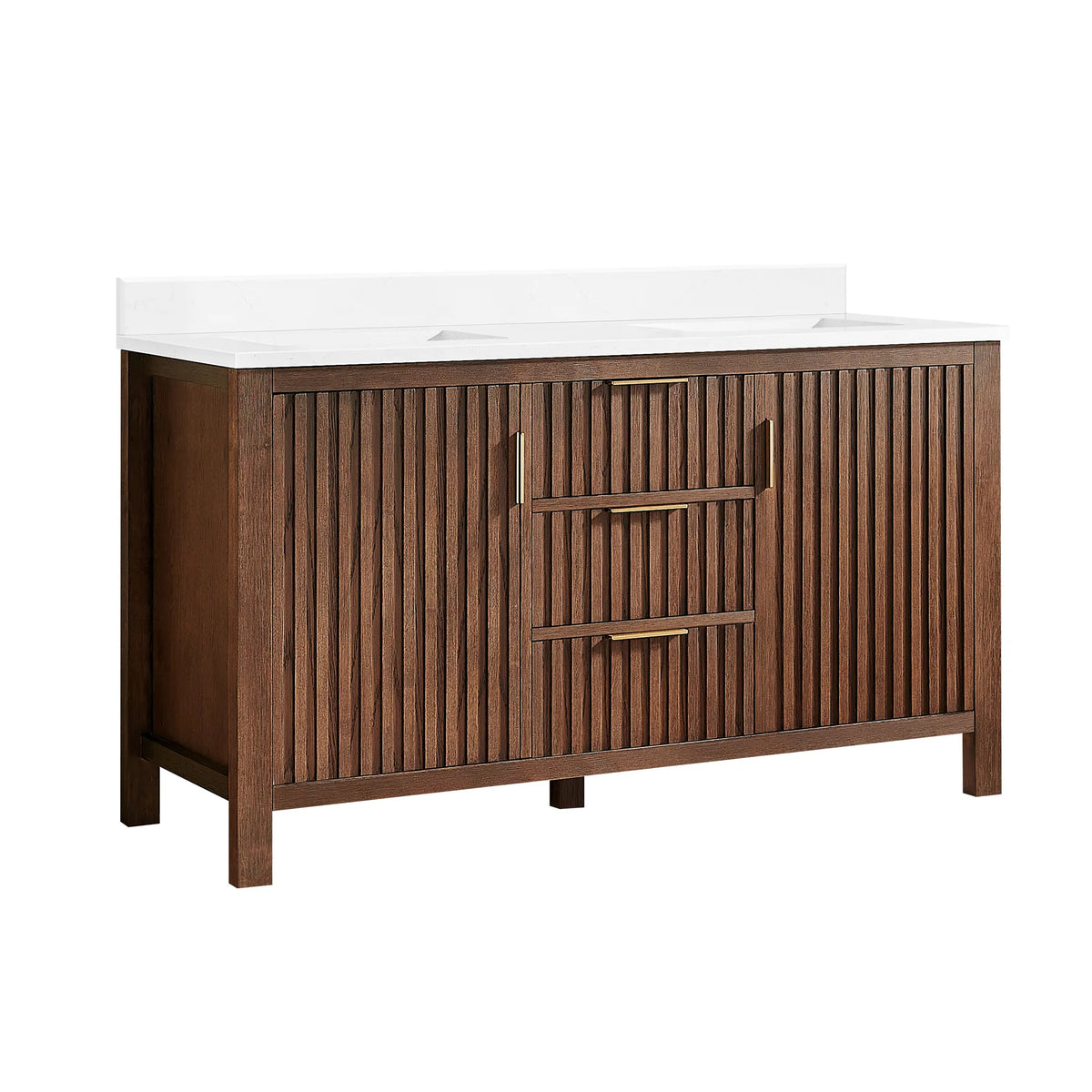 Plain white backdrop behind a 60-inch double bathroom vanity: Aged Dark Brown Oak cabinet, white composite stone countertop