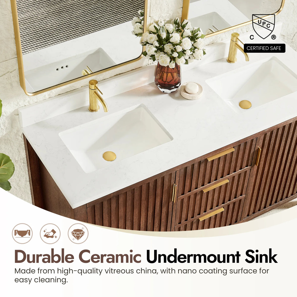 Ceramic basin with an easy-clean nano coating on the 60-inch Aged Dark Brown Oak double cabinet