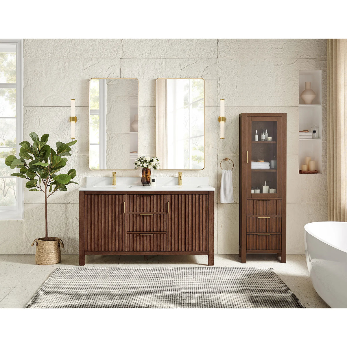 Room view: 60-inch vanity in Aged Dark Brown Oak, with a separate tall cabinet beside it