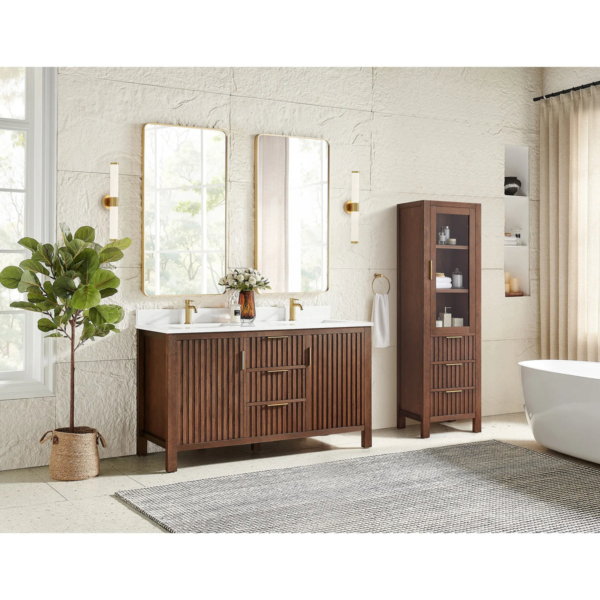 Sunlit bathroom, 60-inch double vanity in Aged Dark Brown Oak, the extra tall cabinet shown is not part of the product