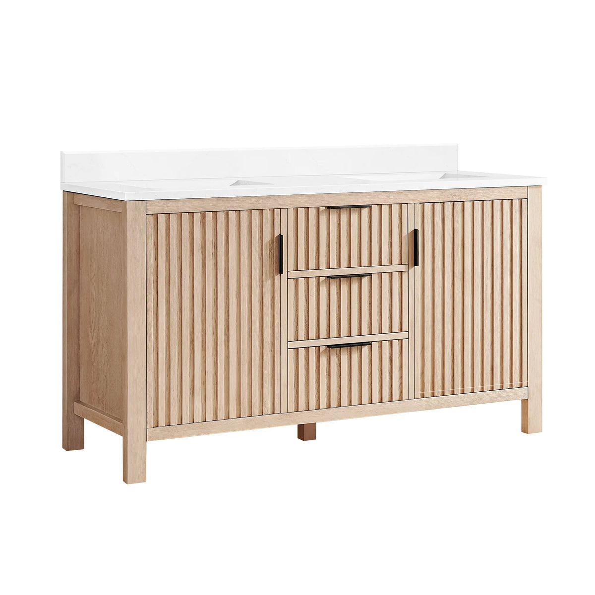 Plain white backdrop behind a 60-inch double bathroom vanity: Aged Natural Oak cabinet, white composite stone countertop