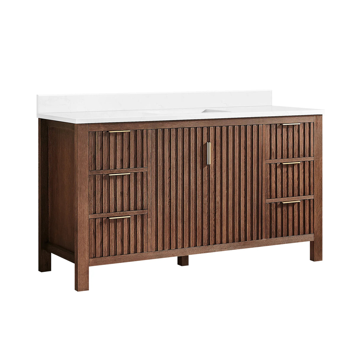 Studio view of an Aged Dark Brown Oak single bathroom vanity, 60-inch wide, with a white composite stone countertop