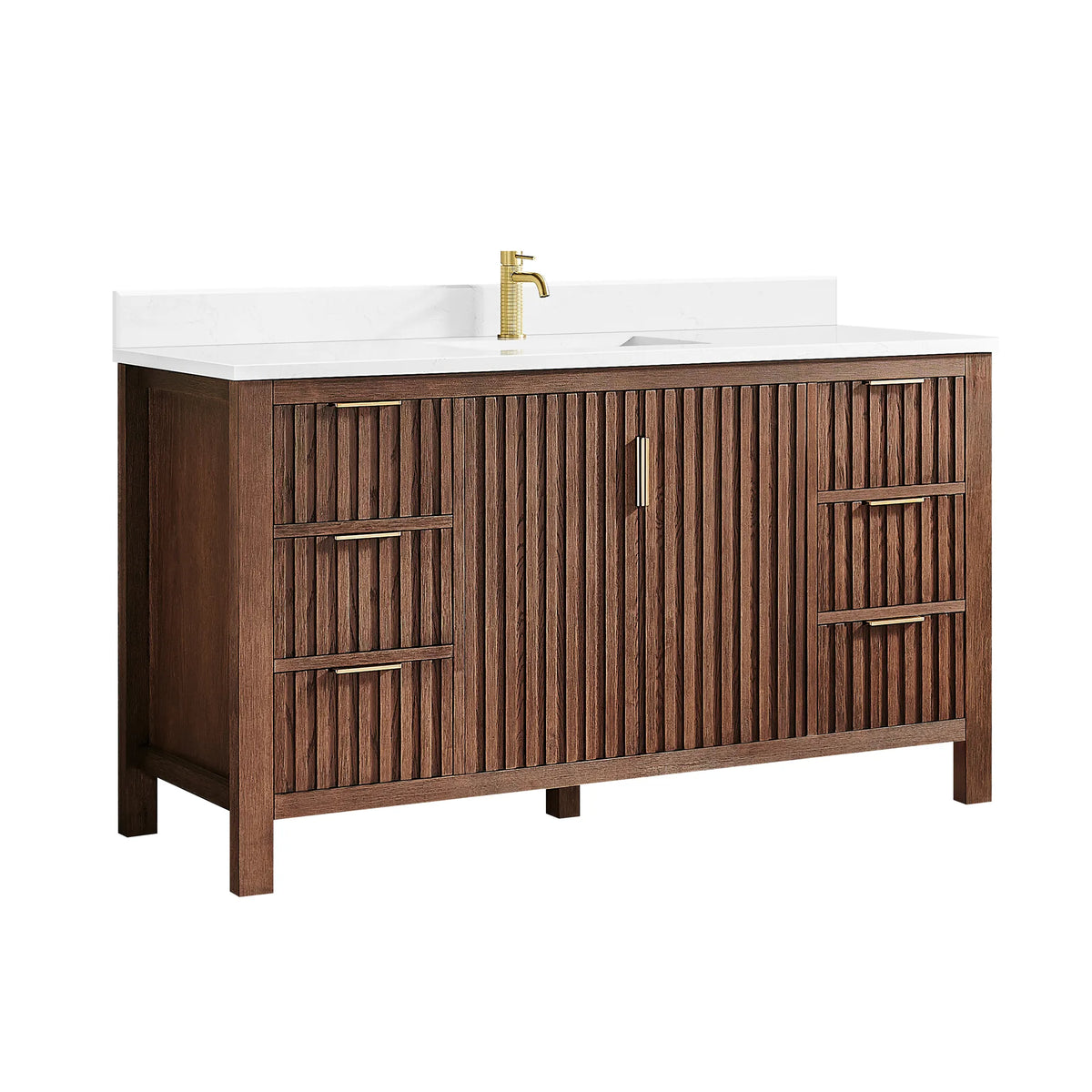 Faucet pictured is not included: 60-inch Aged Dark Brown Oak vanity, doors in the middle, drawers either side